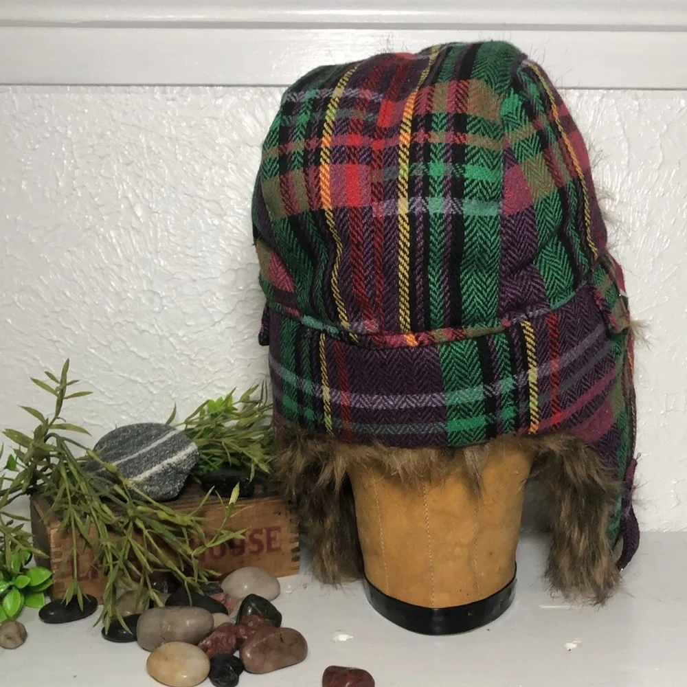 Plaid Bomber Faux Fur Hat Snow Ski Cold Weather Headwear Multi Color Plaid Hat - Picture 5 of 16